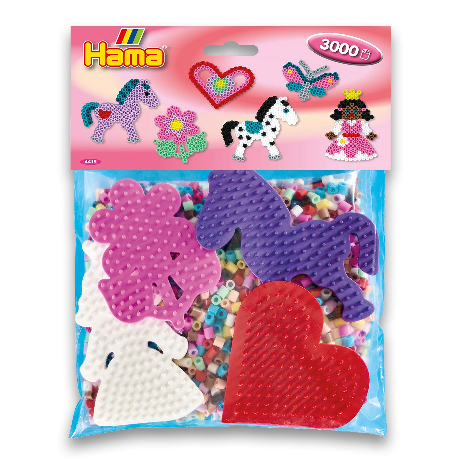 HAMA - Pack of 4 Plates (Heart, Princess, Pony, Flower) and 3000 Iron on Beads MIDI Size - Creative Activities Multicoloured