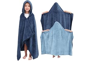 Hiturbo 2Pcs Kids Fleece Hooded Towel: Soft Plush Warm Blanket - 50"x30" Pool Beach Bath Swim Towel Wrap for 3-12 Yrs (Navy+Blue)