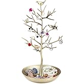 WELL-STRONG Jewelry Tree Necklace Earring Holder Modern Cute Bird Jewelry Stand for Women Girls Teen Gold