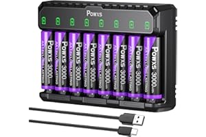 POWXS AA Lithium Rechargeable Batteries with Charger 8-Pack 3000mAh 1.5V, Ultra Long-Lasting Double A AAA NIMH NiCd Batteries