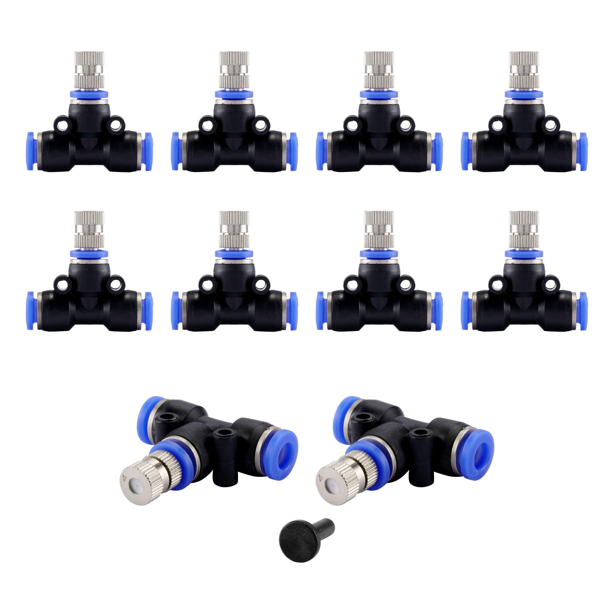 Mangsen Misting Nozzle Kit, Copper Nickel Plated - 0.4mm Orifice, 1/4-Inch Connectors, Stainless Steel Plug-in Nozzles (Pack of 10)