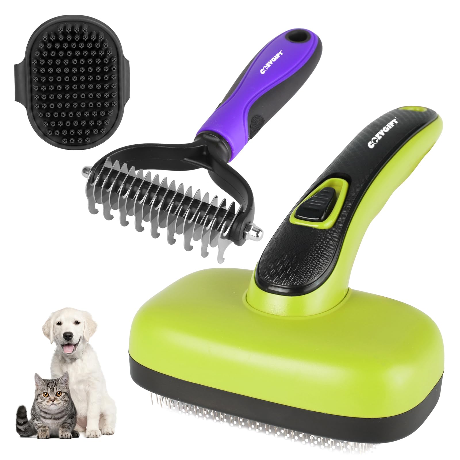 COZYGIFT Dog Brush Kit – 3 PCS Grooming Set with Self-Cleaning Brush, Undercoat Rake & Pet Bath Brush. Great for Shedding, Tangles & Dirt Removal – Ideal for Long & Short Haired Dogs & Cats, Green