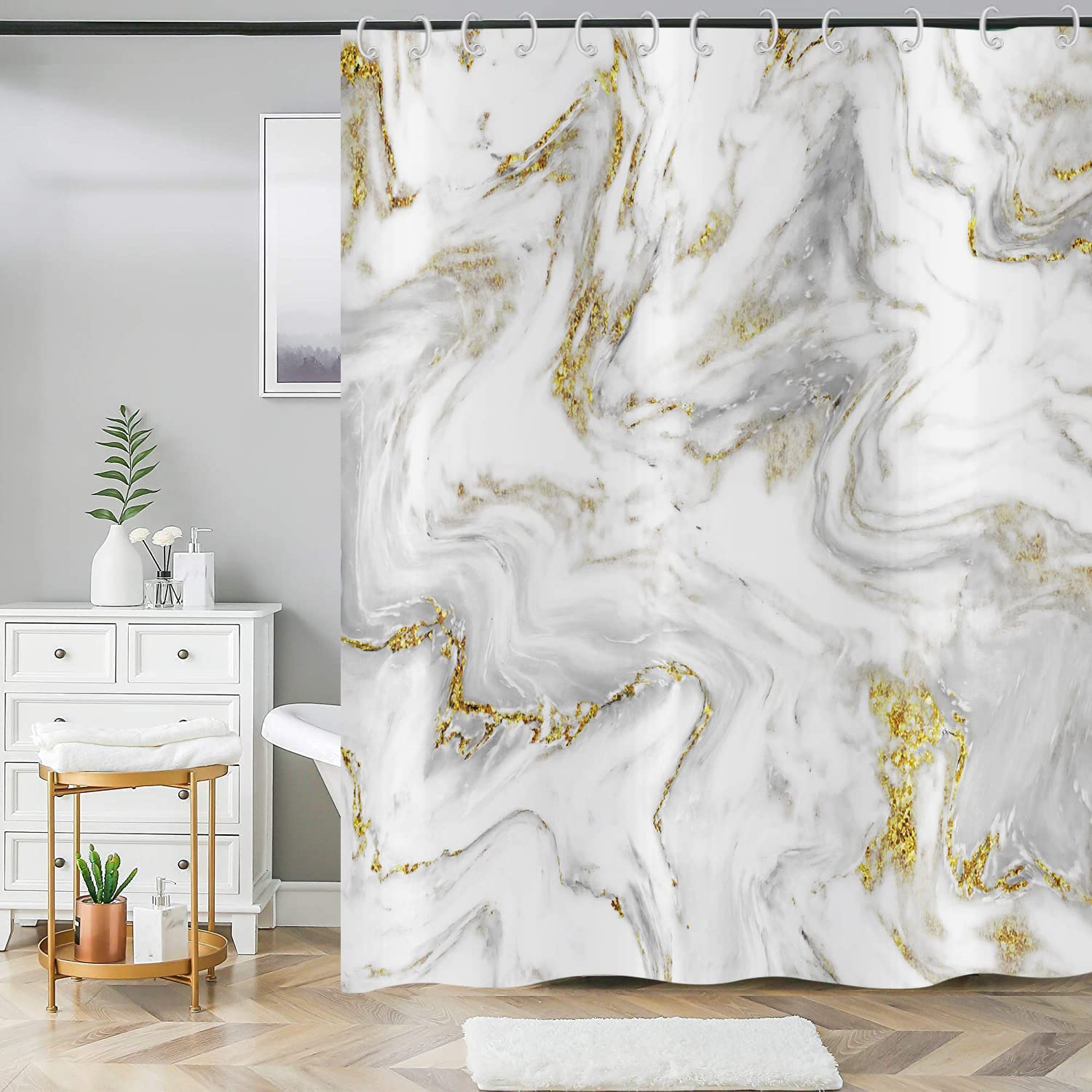 ASDCXZ Shower Curtain Marble 180x180 cm, Modern Abstract Grey Gold White Marble Optic Texture Washable Fabric Shower Curtains Polyester Textile Waterproof Shower Curtain for Bathtub with 12 Hooks — image 1