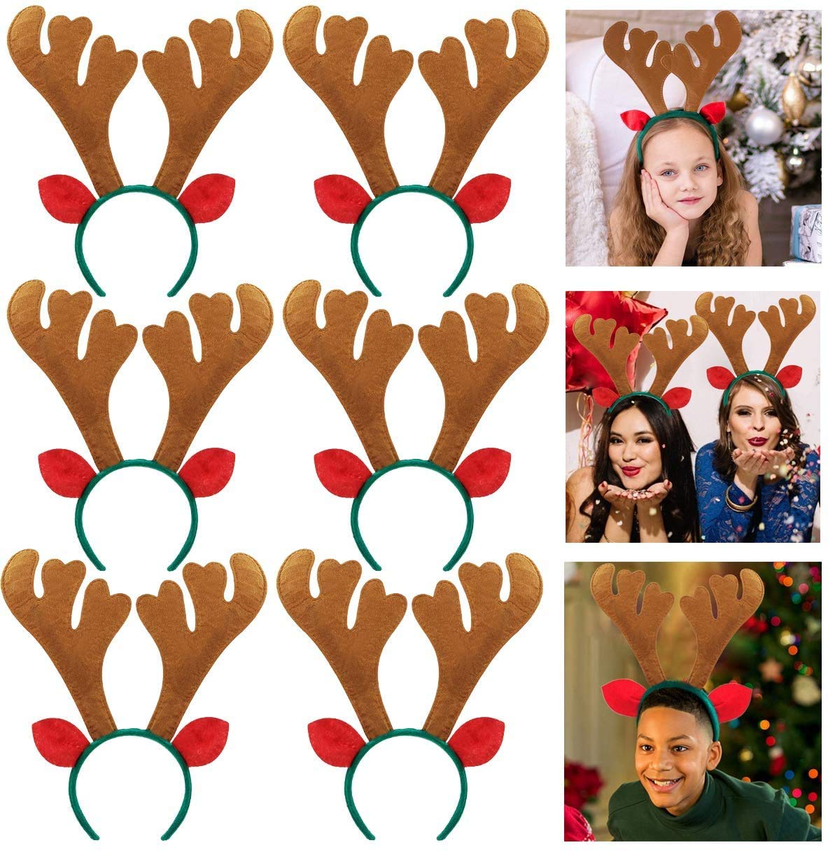 Xndryan Christmas Headbands for Adults Kids, 6 PCS Christmas Reindeer Antlers Headband Cute Reindeer Headbands Funny Xmas Antlers Headband with Ears for Christmas Holiday Festival Party