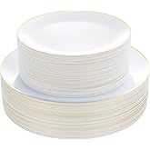 Bestluck 100PCS White Plastic Plates with Gold Rim, White Gold Disposable Plates for Party, Wedding, Include 50 Dinner Plates, 50 Dessert Plates for 50 Guests