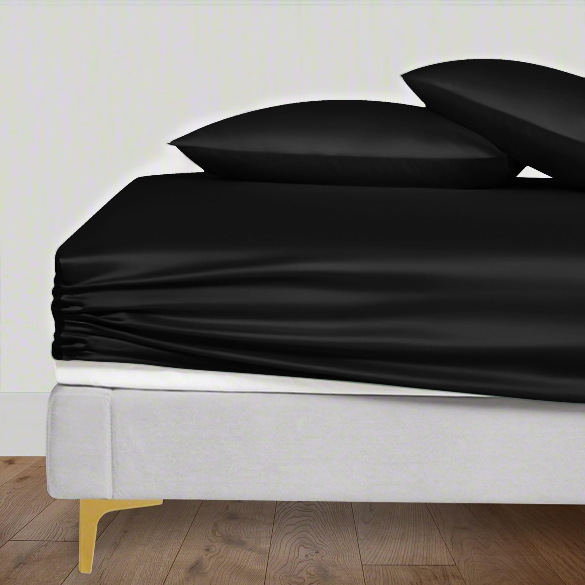 LINENWALAS 100% Eucalyptus Silk Fitted Sheet with Pillowcases, Tencel Lyocell Cooling Deep Pocket Fitted Bed Sheet, Softer than Egyptian Cotton - Anti-Allergy (Super King, Jet Black)