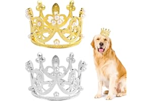 HOYDATE 2Pcs Pet Birthday Party Crown for Small Dog with Adjustable Strap Hat Rhinestone Faux Pearl Crown for Birthday Party, Adoption Celebration or Gotcha Day Photos (Medium) (Small)