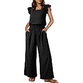 Dokotoo Women's Casual Loose Overalls Jumpsuits One Piece Short Sleeve Wide Leg Smocked Waisted Long Pant Rompers