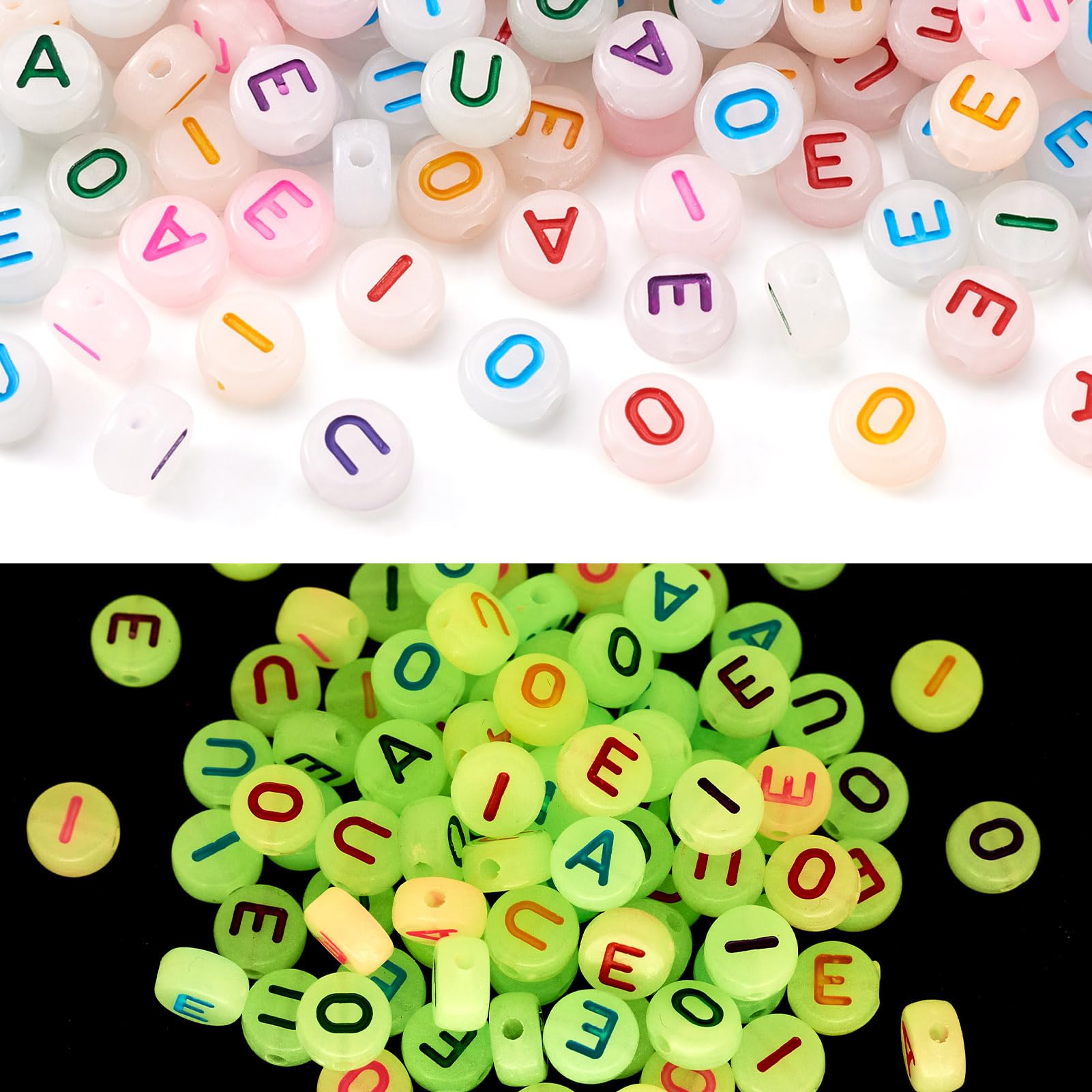 PandaHall 500pcs Luminous Flat Round Alphabet Beads Glow in The Dark Vowel Letters Spacer Loose Beads with Letter A E I O U for Jewelry Making, 6.5x7x4mm