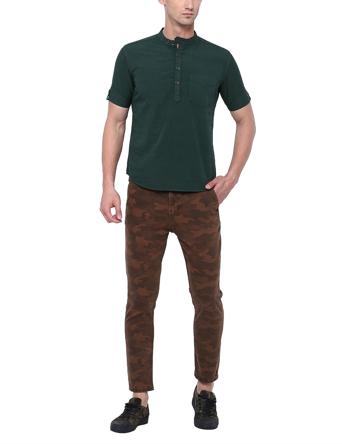 svanik dark green solid garment dyed cotton casual short kurta.