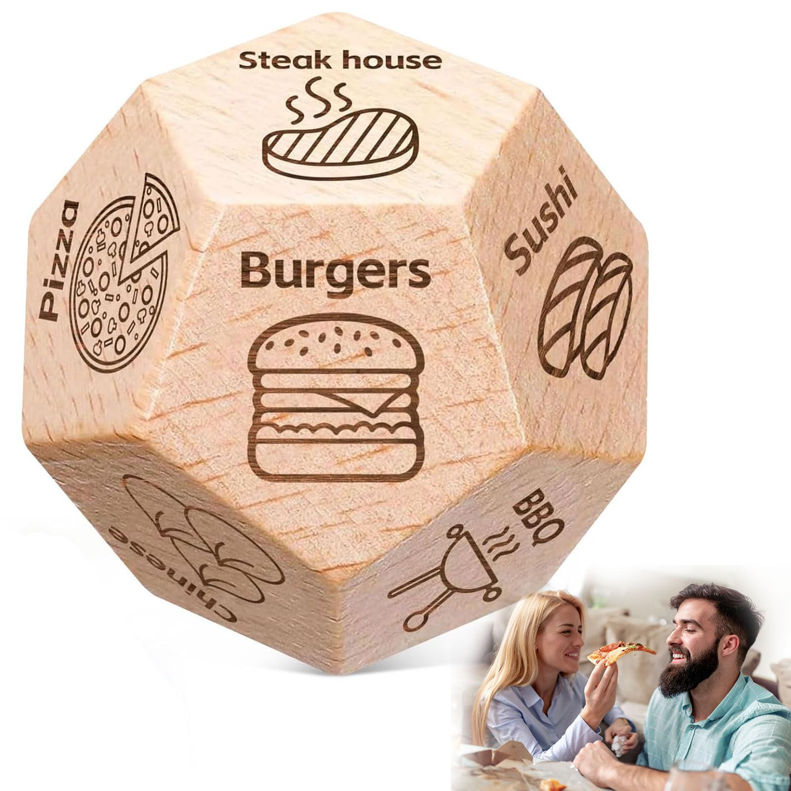 vecora 12 Sided Wooden Food Decision Dice,Food Dice for Her Him Couples Gift Ideas,2026, Date Night Dice With 12 Food Patterns for Boyfriend Girlfriend