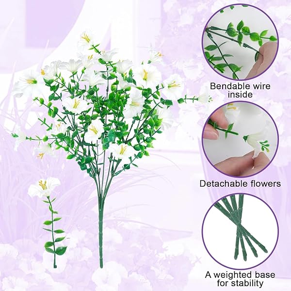 INQCMY ARTIFICIAL FLOWERS FOR OUTDOORS, 12 BUNDLES UV RESISTANT FAKE MORNING GLORY AND 2 BUNDLES GREENERY GRASS, SILK FAUX PLANTS FOR GARDEN PORCH PATIO HOME DECOR