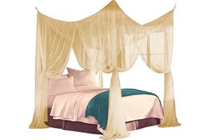 Just Relax Four Corner Post Decorative Elegant Bed Net Canopy Set, Beige, Full/Queen/King, 86.6x78.7x98.4 Inches