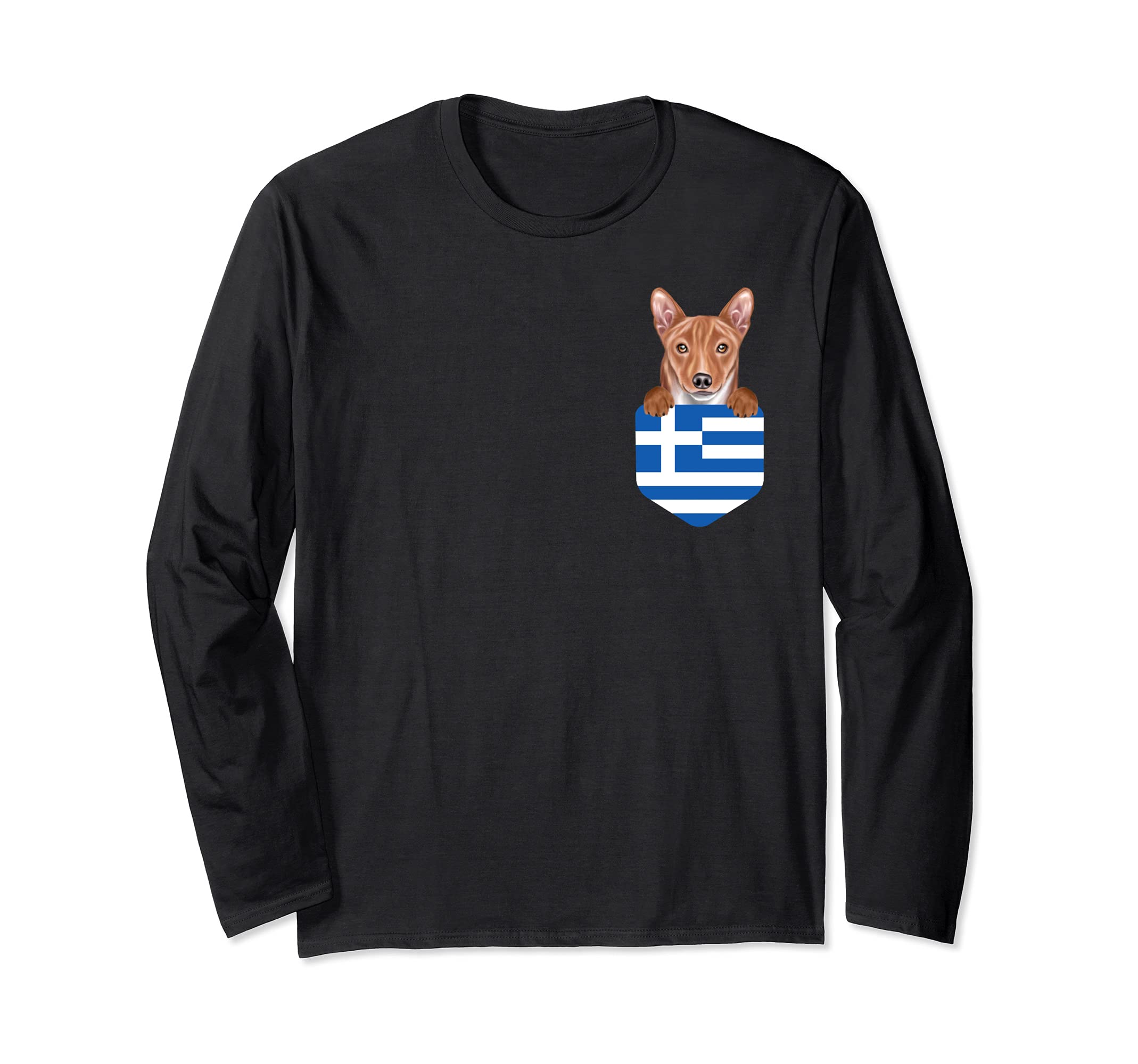 Greece Flag Basenji Dog In Pocket Long Sleeve T-Shirt