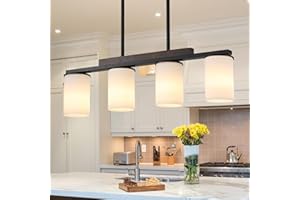 Mecgirn Farmhouse Dining Room Light Fixtures Over Table, Black Pendant Lights for Kitchen Island with Milk Glass Shade, 4 Light Linear Chandelier Lighting with Wood