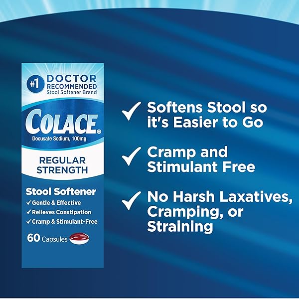 COLACE STOOL SOFTENER 100 MG, 60 CAPSULES, CONSTIPATION RELIEF, DOCUSATE SODIUM, GENTLE DOCUSATE, STIMULANT-FREE, REGULAR STRENGTH, #1 DOCTOR RECOMMENDED STOOL SOFTENER BRAND