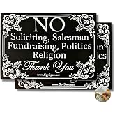 SPY SPOT No Soliciting Sign for Front Door, 4"x3" Vinyl Sticker - Pack of 2 | Weatherproof, UV-Resistant Door Decals for Home Or Business, No Salesman Fundraising Politics Religion, Peel &amp; Stick