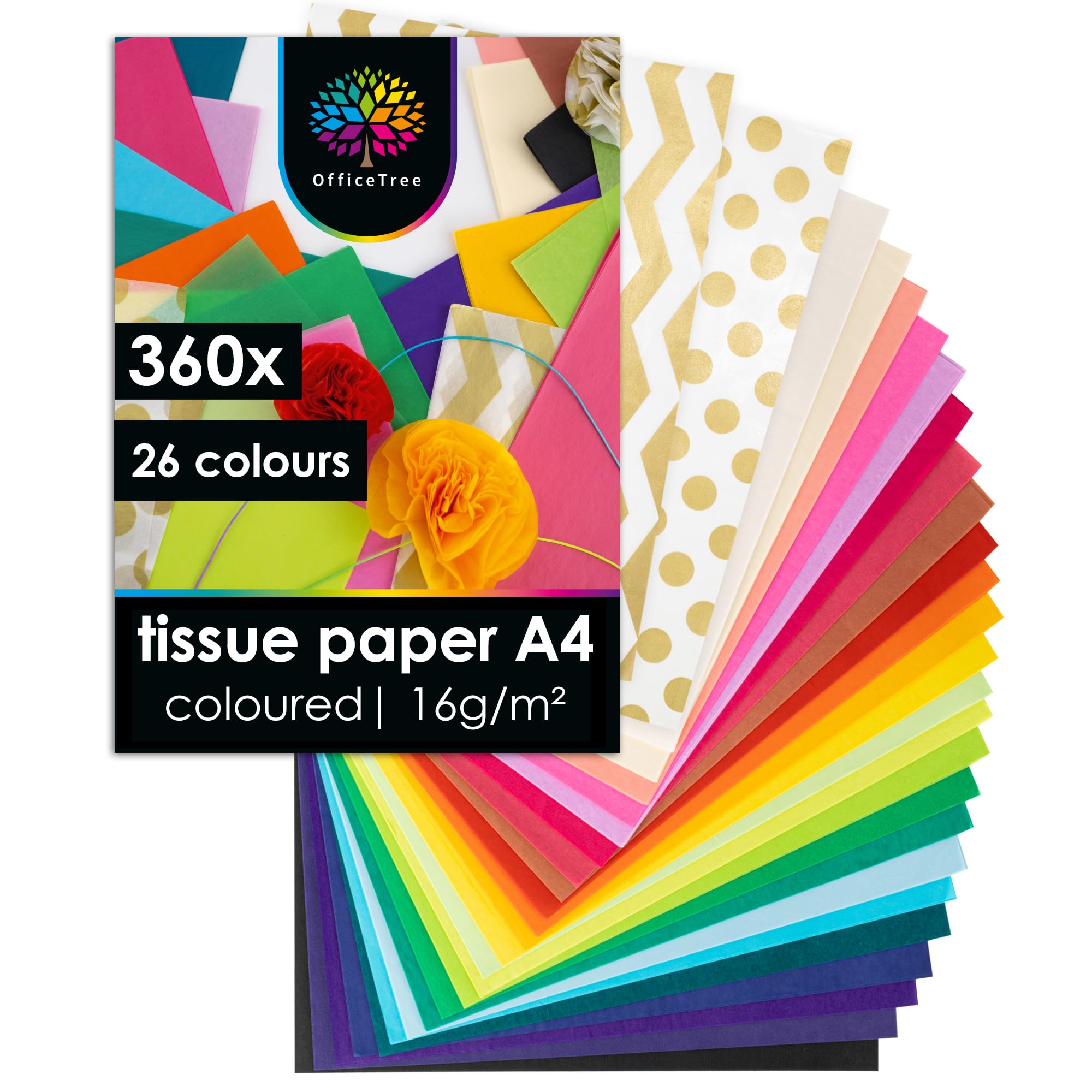 OfficeTree 360x Craft Tissue Paper A4-26 Colours - 16 GSM - 8x11 in - Coloured Tissue Paper for Craft - Wrapping & Craft Paper for DIY, Decoration & Gift Wrapping