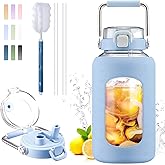 BLUEGO 84oz Water Bottle Glass with Stainless Steel Handle Large 2.5l Water Bottle with Time Markers and Silicone Sleeve Half Gallon Water Jug BPA Free for Gym Daily Use, Blue