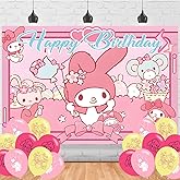 My Cute Melodyy Birthday Decorations,Cute Melodyy Backdrops for Party Decorations Supplies, Happy Birthday Banner Backdrop for Party Supplies (5x3ft)