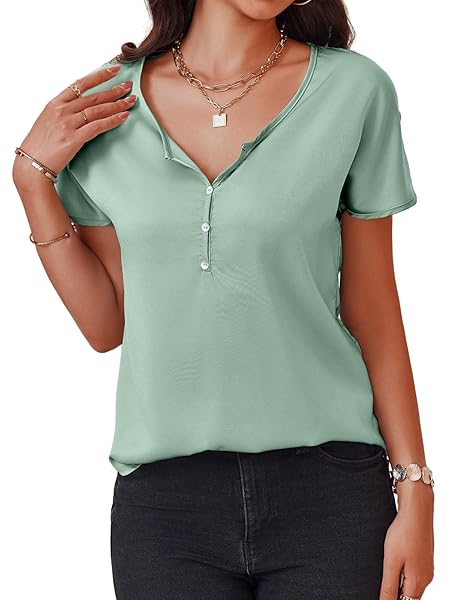 TANKANEO WOMENS DEEP V NECK T-SHIRT BUTTON DOWN LOOSE FIT CURVED HEM BASIC TEE TOP GREEN, SMALL