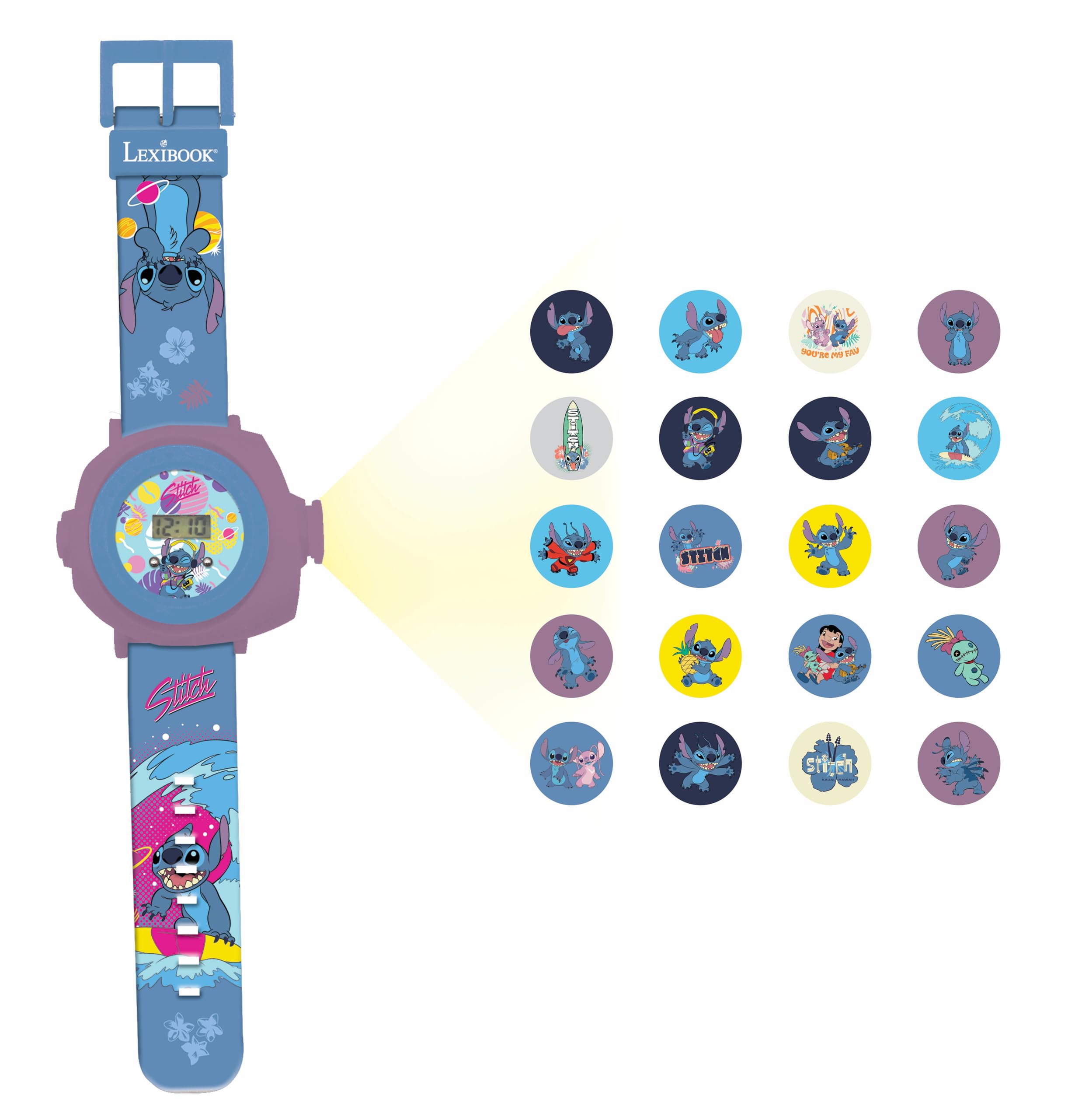 LEXIBOOK - Disney Stitch - Adjustable Projection Watch Digital Screen - 20 Images of Lilo & Stitch - for Children - DMW050D