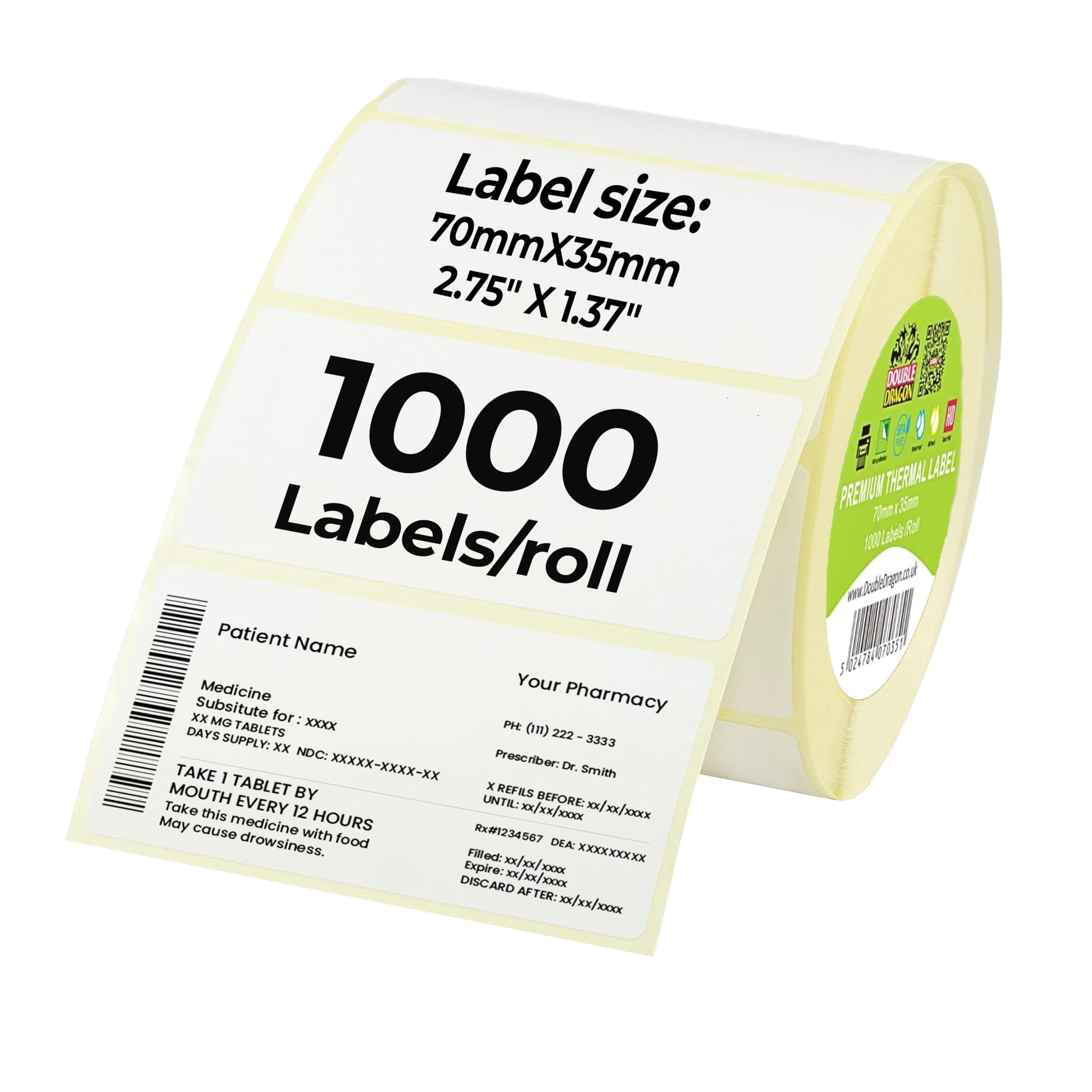 1,000 Pharmacy Prescription Dispensing Labels, 70 x 35mm, Premium Coated Direct Thermal Labels, for Zebra, MUNBYN, Rollo, TSC, Toshiba, Citizen Printer, GK420D, ZD220, [1 Roll]