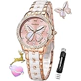 OLEVS Womens Watch Rose Gold Diamond Elegant Ladies Wrist Watch Stainless Steel Ceramic Two Tone Bracelet Waterproof Luminous