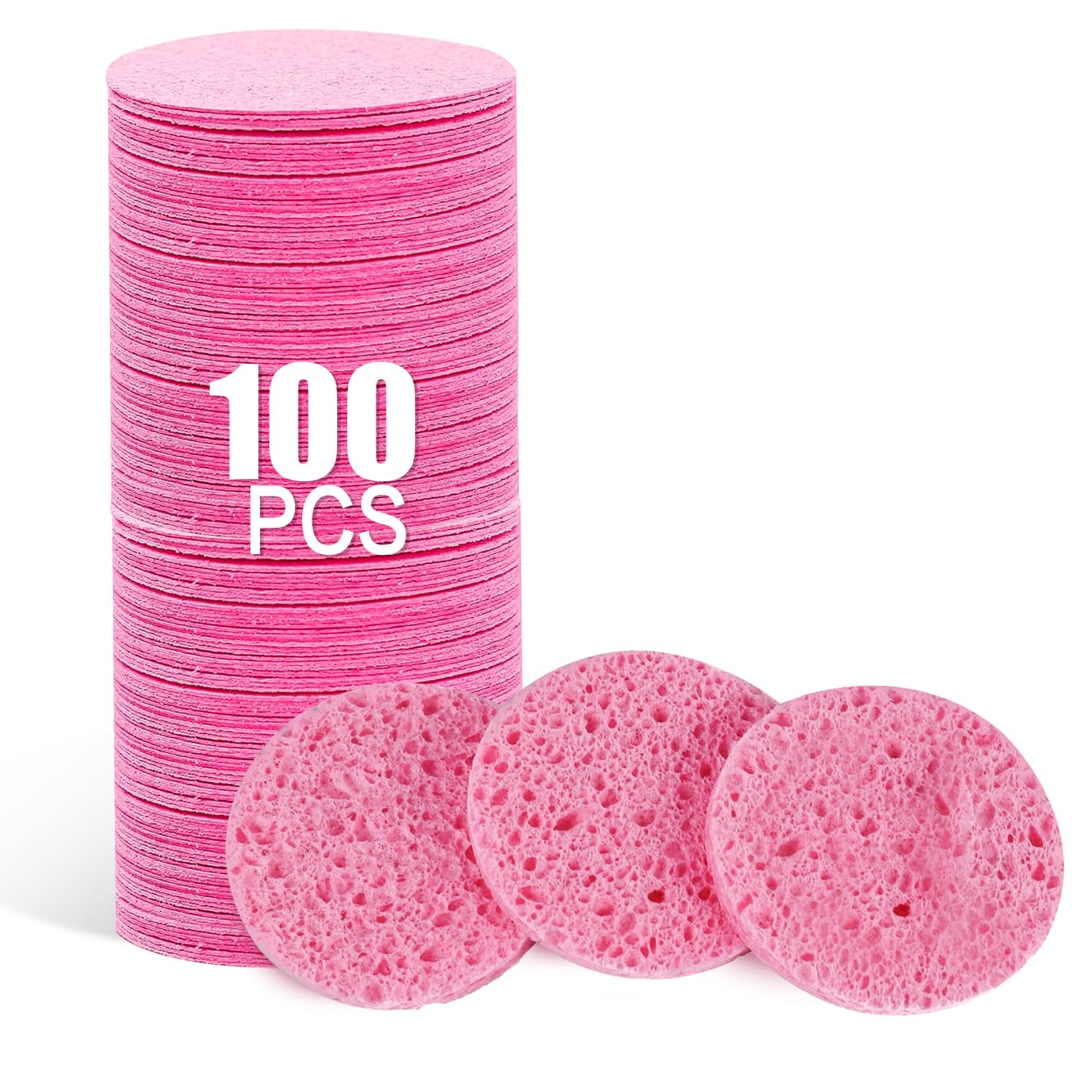 Spunspon 100-Count Facial Sponges Compressed Natural Cellulose Sponge Round Shape Face Sponge for Face Cleansing Exfoliating and Makeup Removal, Pink