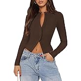Pungdra Womens Ribbed Button Down Long Sleeve Top Knit Button Up Fitted Cardigans Cropped Cute Fall Going Out Tops for Women