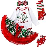 Kunyeah Baby Girls First Christmas Outfit Newborn Romper Tutu Dress Infant Sequin Xmas Skirt with Shoes Headband Leg Warmer