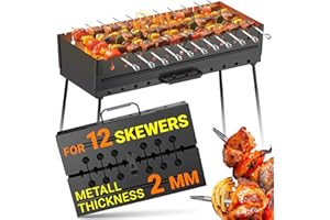 MHH Charcoal Grill for 12 Skewers - Portable Barbecue Camp Grills Mangal Schaschlik - Foldable Metal Mangal - Kebab Shish BBQ for EDC Picnic Outdoor Cooking Camping Hiking N12