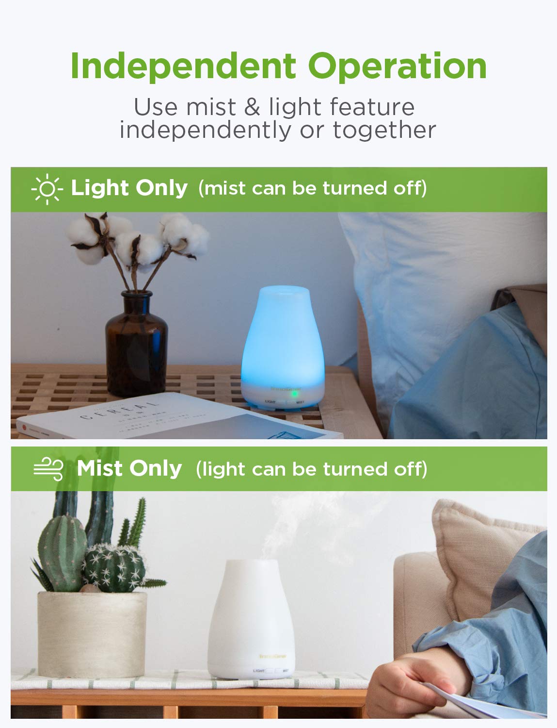 InnoGear Essential Oil Diffuser, Upgraded Diffusers for Essential Oils Aromatherapy Diffuser Cool Mist Humidifier with 7 Colors Lights 2 Mist Mode Waterless Auto off for Home Office Baby, Basic White : Beauty