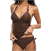 WDIRARA Women's Halter Tankini Swimsuit Ruched Tie Side Swimsuit 2 Piece Bathing Suit