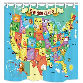 Amazon Ashasds 米国地図 シャワーカーテン Kiroom用 カートゥーン