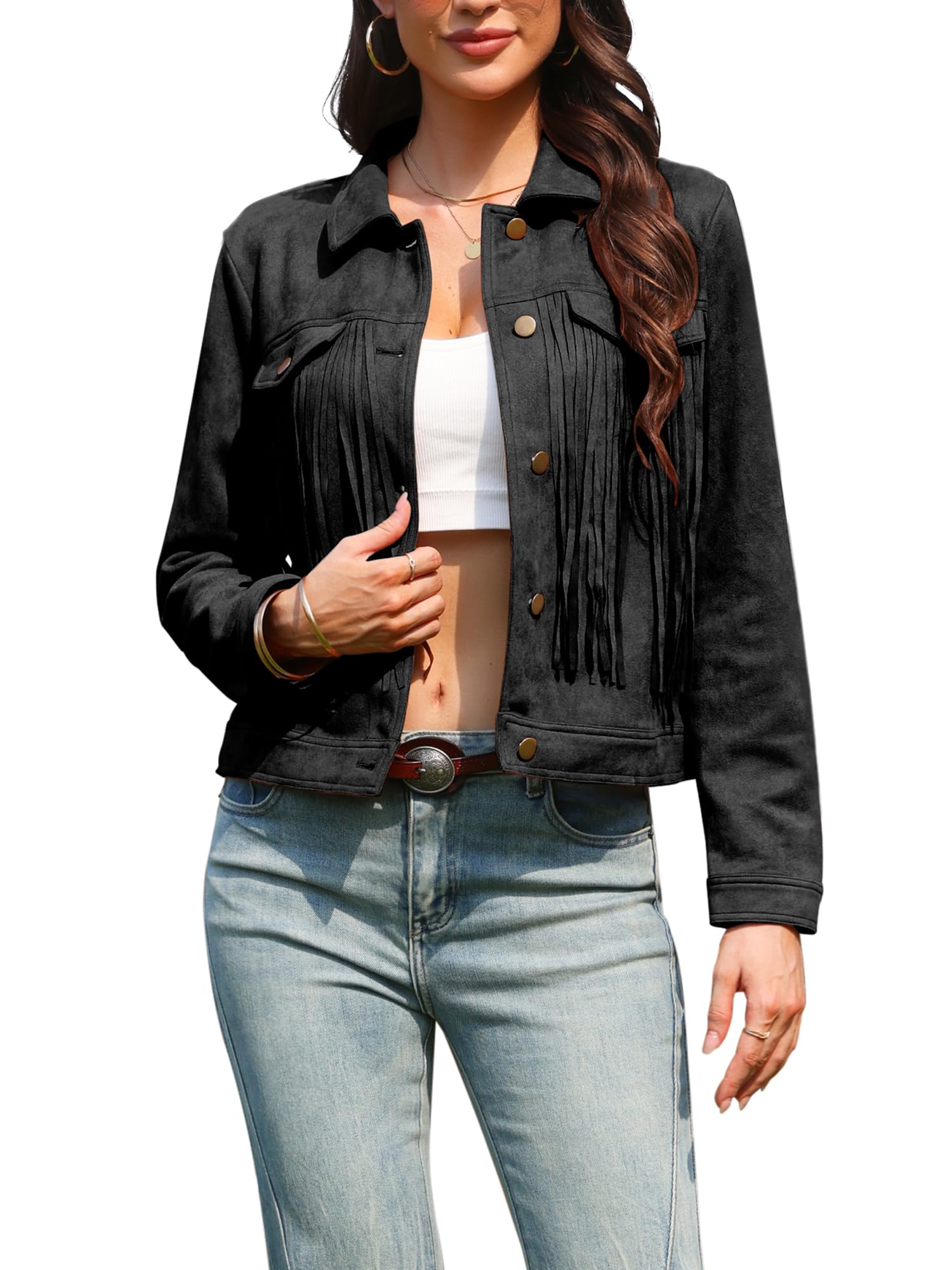 Photo 1 of Allegra K Faux Suede Fringe Jacket for Women's Hippie Cowgirl Style Long Sleeve Western Jackets X-Large Black