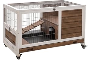 PawHut Wooden Indoor Rabbit Hutch Elevated Bunny Cage Habitat with Enclosed Run with Wheels, Suitable for Rabbits and Guinea 