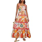 WDIRARA Women's Boho Floral Sleeveless Ruffle Maxi Dress Tropical Graphic Tie Shoulder Smocked Cami Dresses