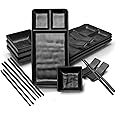 GOLIBER 16-Piece Japanese Style Sushi Plate Set - Includes 4 Sushi Plates (7.5 x 5.5 Inch), 4 Sauce Dishes, 4 Pairs of Chopsticks, 4 Chopsticks Holders - Made of Melamine.