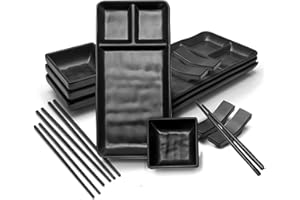 Goliber 16 Piece Japanese Style Sushi Plate Dinnerware Set - Includes 4 Sushi Plates, 4 Sauce Dishes, 4 Pairs of Chopsticks, 
