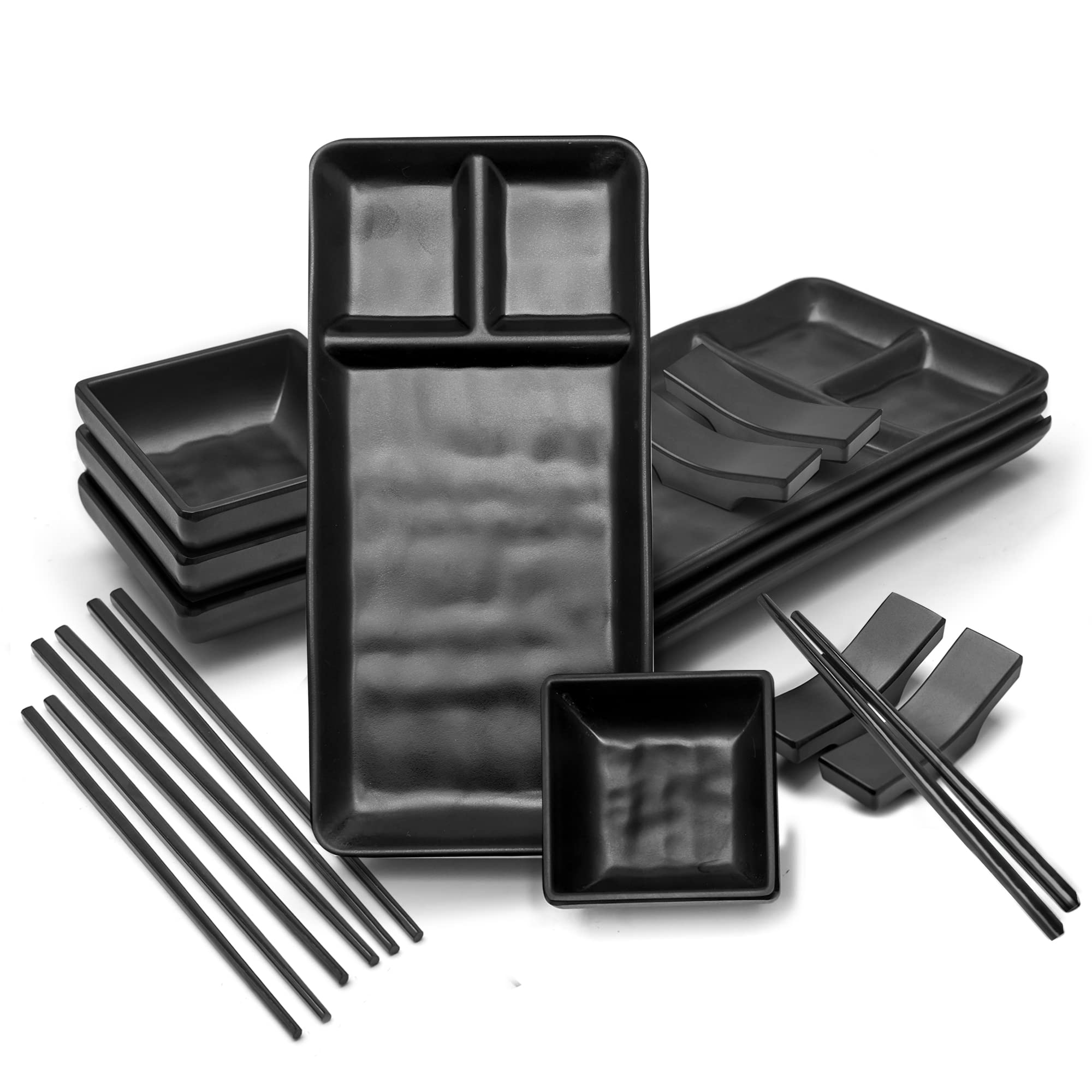 Goliber 16-Piece Japanese Style Individual Sushi Plate Set - Includes 4 Individual Sushi Plates (7.5 x 5.5 Inch), 4 Sauce Dishes, 4 Pairs of Chopsticks, 4 Chopsticks Holders - Made of Melamine, Black