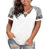 Haloumoning Plus Size Tops for Women Summer Short Sleeve Oversized T-Shirt Casual Sexy V Neck Loose Cotton Tee Shirts