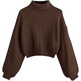 WDIRARA Women's Mock Turtleneck Chunky Sweater Lantern Long Sleeve Pullover Knit Tops