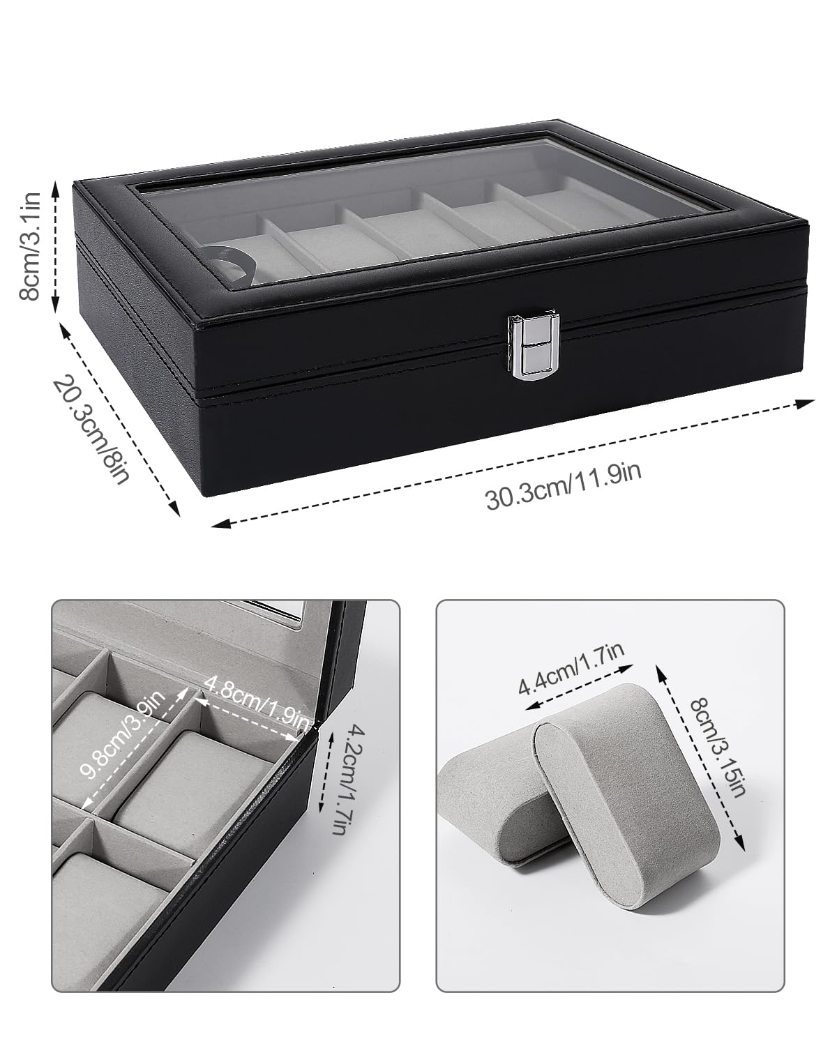 Uten Watch Box, 12 Slots Leather Watch Case, Watch Box Organizer Jewelry Storage with Large Glass Lid, Watch Display Case, Watch Box for Men & Women