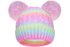 ACTLATI Girls Rainbow Pom Pom Beanies Hats Winter Knit Fleece Lined Beanie Hat for Kids Outdoor Snow Ski Skull Cap Age 7-12