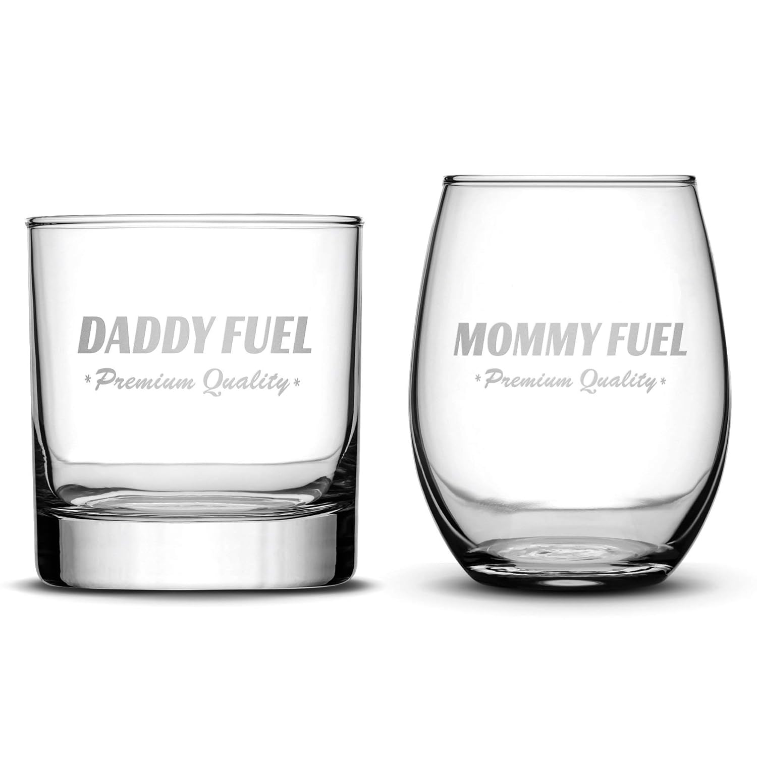 Integrity Bottles Premium Wine Glass, Whiskey Glass, Set of 2, Mommy Fuel, Daddy Fuel, Hand Etched 14.2oz Stemless + 10oz Rocks Glass, Made in USA, Sand Carved