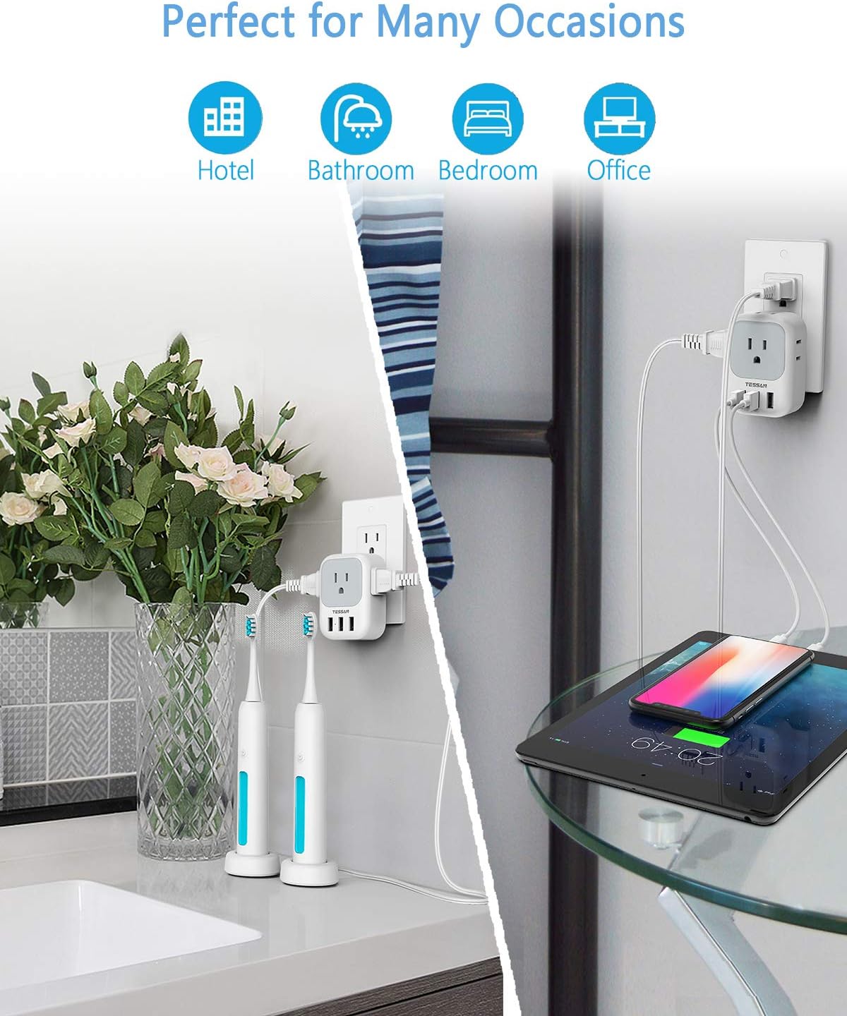 Multi Plug Outlet Extender with USB, TESSAN Electrical 4 Outlet Box Splitter with 3 USB Wall Charger, Multiple Power Outlet Expander for Cruise Essentials, Home, Office - - 