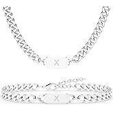 Aospkle 2PCS Initial Letter Cuban Necklace Bracelet, A-Z Letter Pendant Silver Cuban Link Chain for Men Women Jewelry Set for S