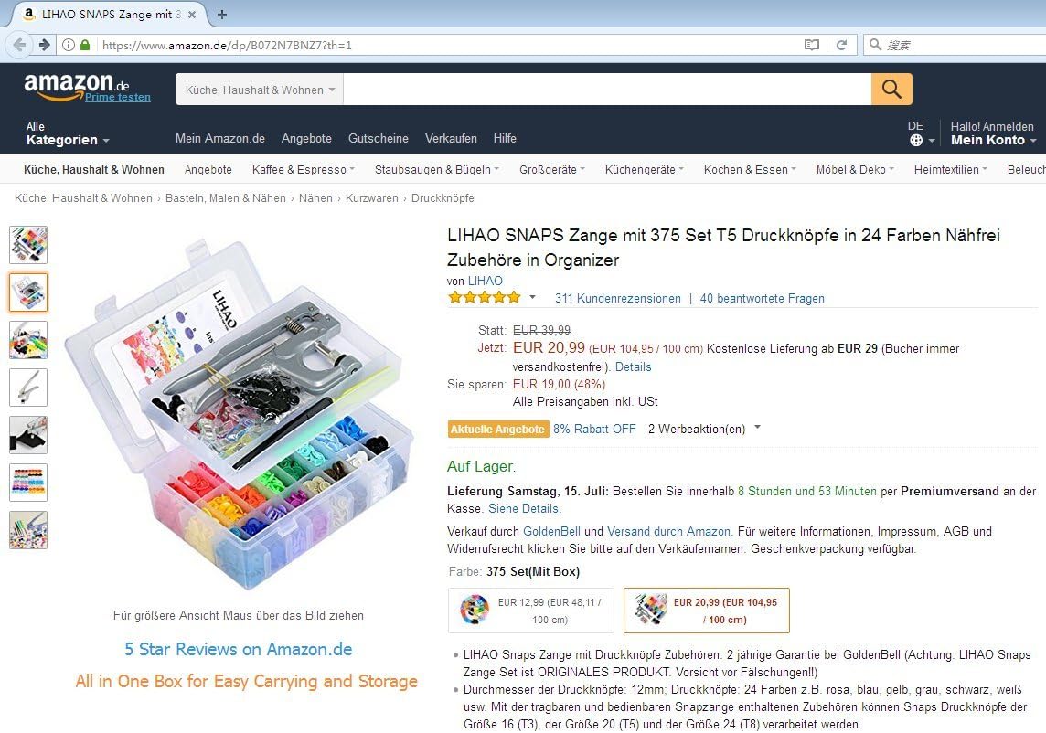 LIHAO Snaps and Snap Pliers Set, 375 Sets T5 Plastic Buttons for Sewing and Crafting
