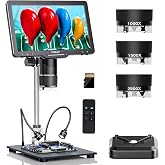TOMLOV TriL110 3-Lens Digital Microscope 2500X Full View Coin Magnifier 10" | IPS Screen, TV &amp; PC Display, 24MP Camera &amp; 2K Video, 12+2 LED Lights, Slides Viewing, for Collection Supply &amp; Soldering
